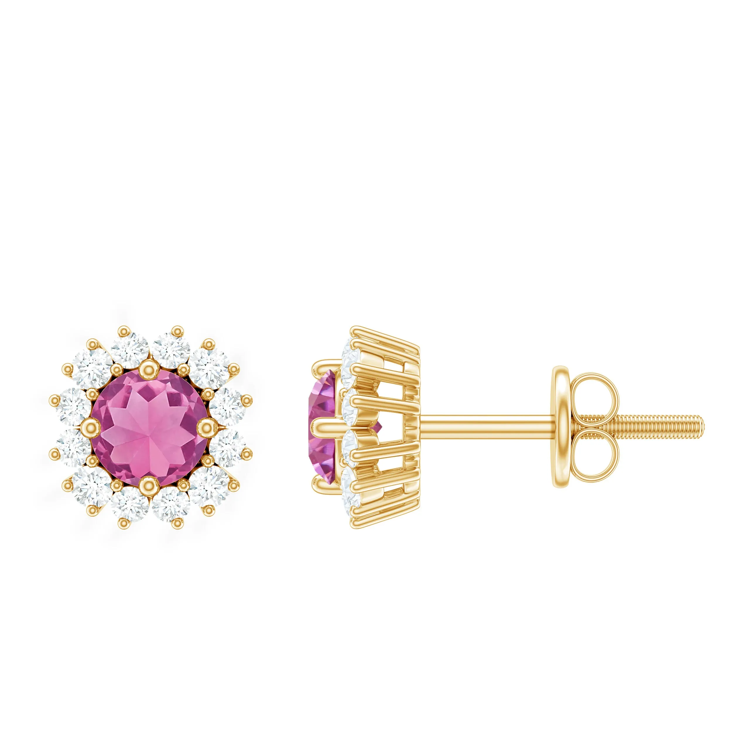 0.75 CT Pink Tourmaline and Diamond Halo Classic Stud Earrings