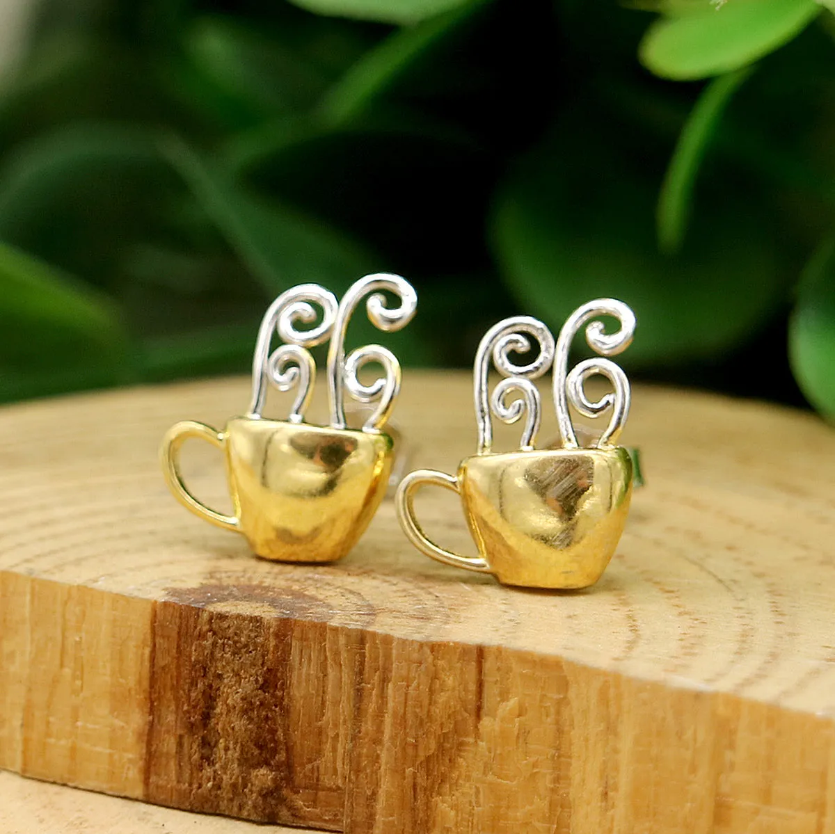 14K Gold and Sterling Silver Coffee Earrings