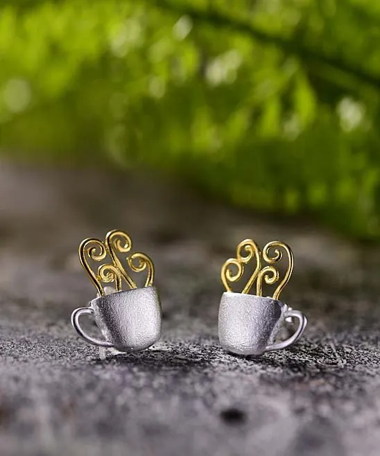 14K Gold and Sterling Silver Coffee Earrings