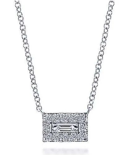 14K White Gold Baguette and Round Halo Rectangular Diamond Pendant Necklace