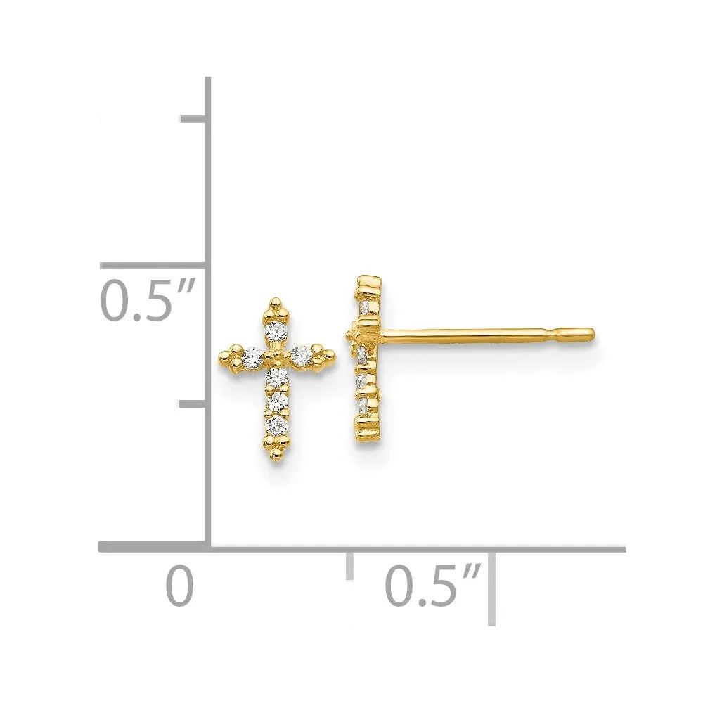 14KT Yellow Gold Cubic Zirconia 8X6MM Childrens Cross Stud Earrings