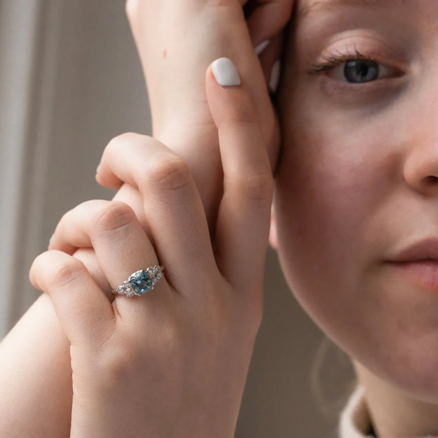 18k 6mm Cushion Aquamarine & Diamond Stargazer Ring