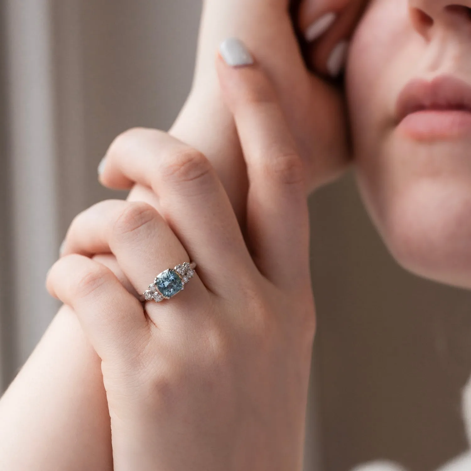 18k 6mm Cushion Aquamarine & Diamond Stargazer Ring