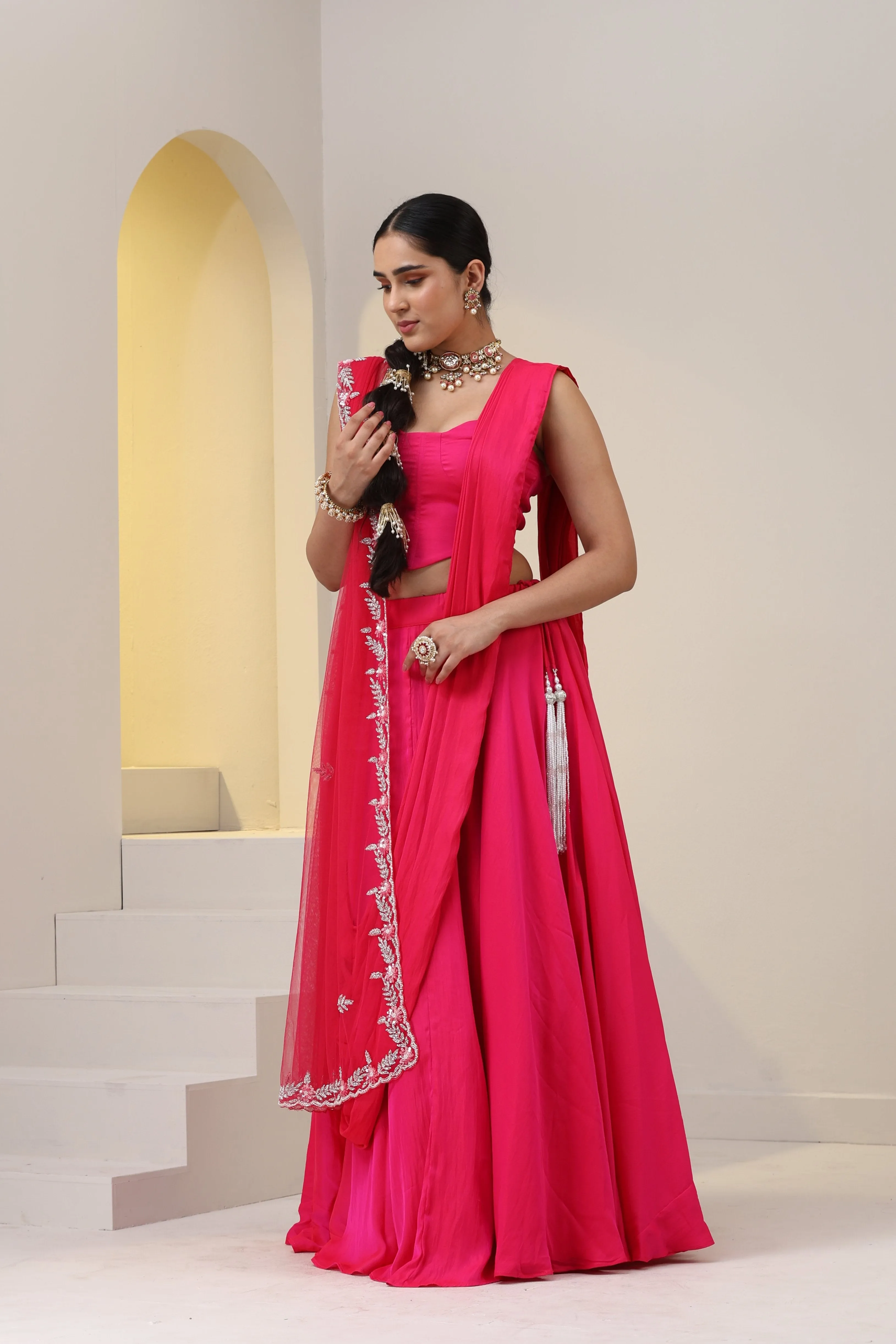 3 pc SET - Love Potion Fuchsia Satin Lehenga with Net Dupatta and Blouse Fabric