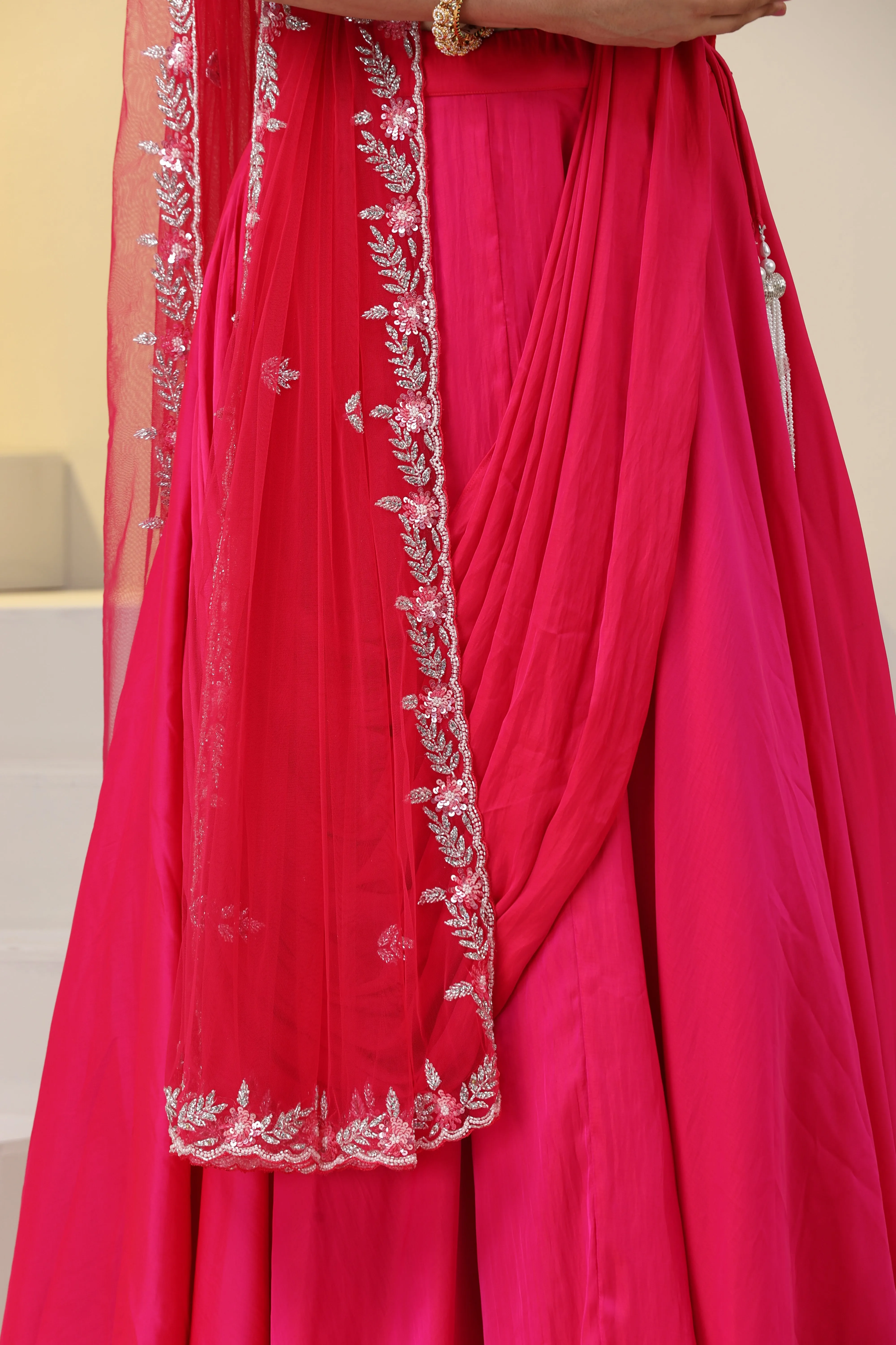 3 pc SET - Love Potion Fuchsia Satin Lehenga with Net Dupatta and Blouse Fabric