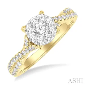 3/4 ctw Round Shape Lovebright Split Criss Cross Round Cut Diamond Engagement Ring in 14K Yellow and White Gold