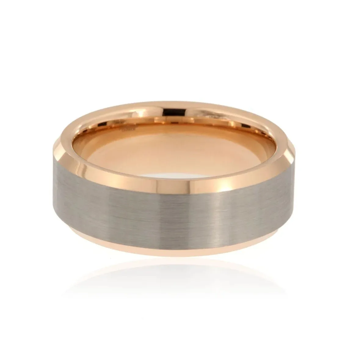 8mm Heavy Tungsten Carbide Men's Two Tone Ring, Grey Brush Band With Rose Gold Beveled Edge - FREE Personalization