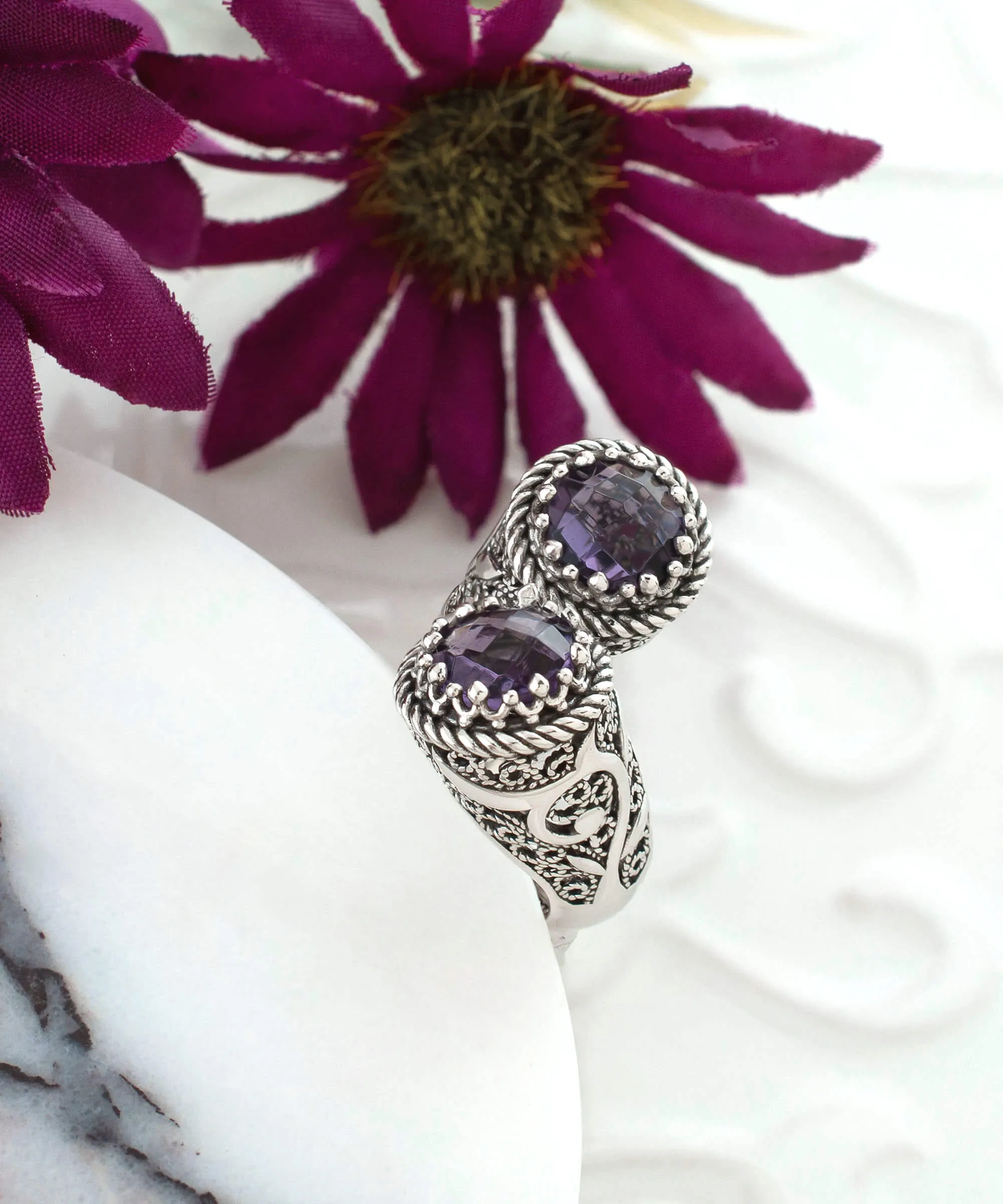 925 Sterling Silver Women's Bypass Ring with Amethyst Gemstone -