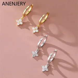 ANENJERY Zircon Flower Pendant Hoop Earrings for Women Simple Fashion Huggies Jewelry aretes