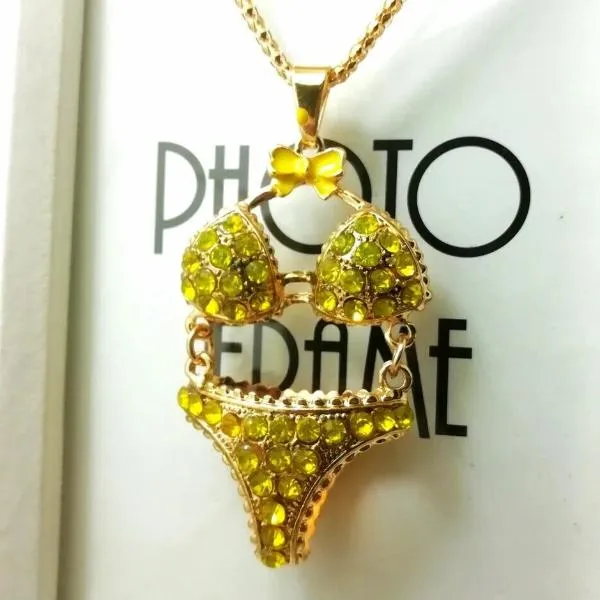 Betsey Johnson Bikini Swim Suit Yellow Rhinestone Bow Gold Necklace