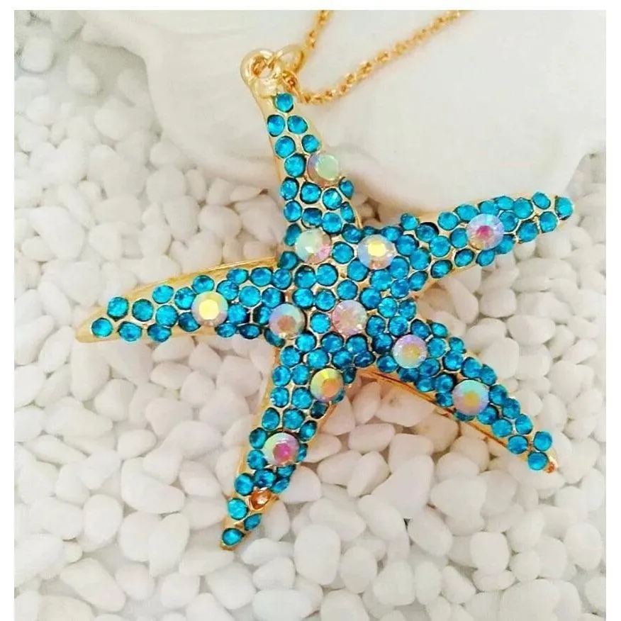 Betsey Johnson Blue & Abalone Crystal Starfish Gold Necklace