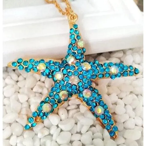 Betsey Johnson Blue & Abalone Crystal Starfish Gold Necklace