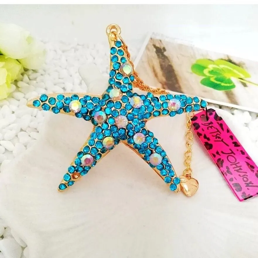 Betsey Johnson Blue & Abalone Crystal Starfish Gold Necklace