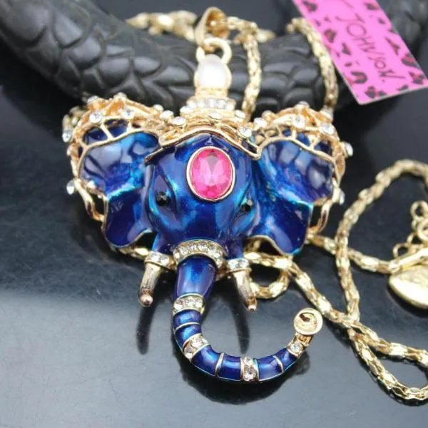 Betsey Johnson Blue Elephant With Red Crystal Inlay Gold Necklace