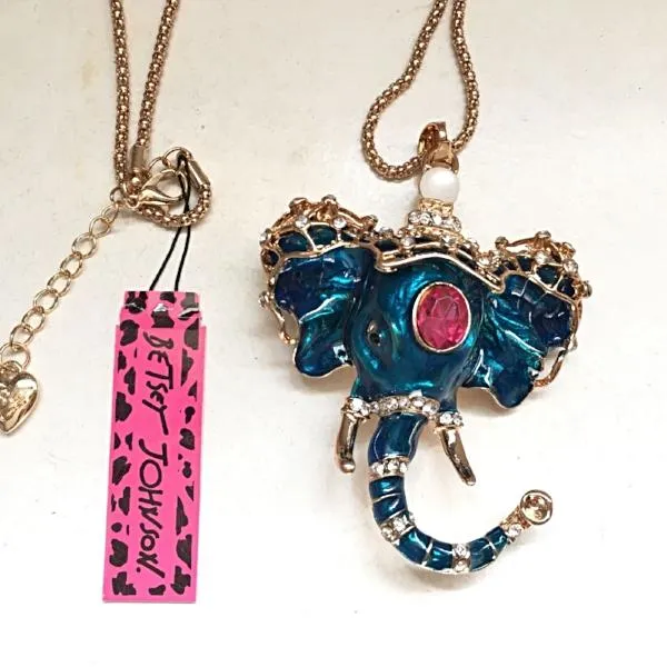 Betsey Johnson Blue Elephant With Red Crystal Inlay Gold Necklace