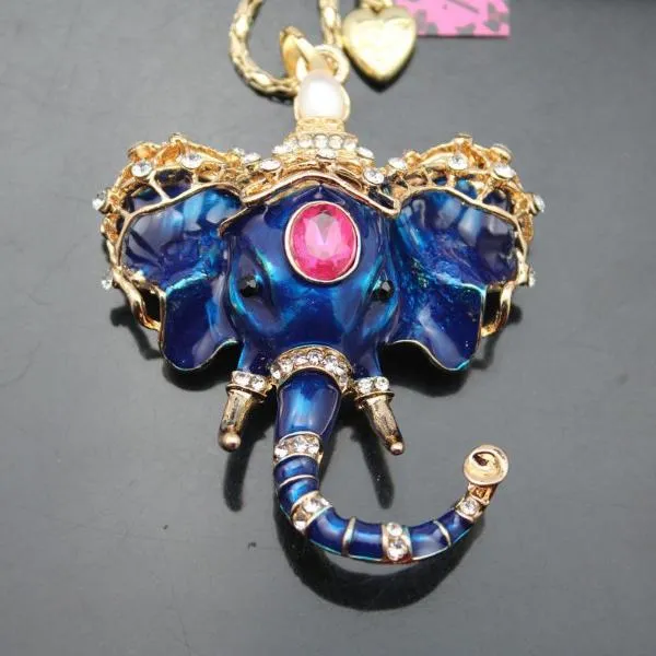 Betsey Johnson Blue Elephant With Red Crystal Inlay Gold Necklace