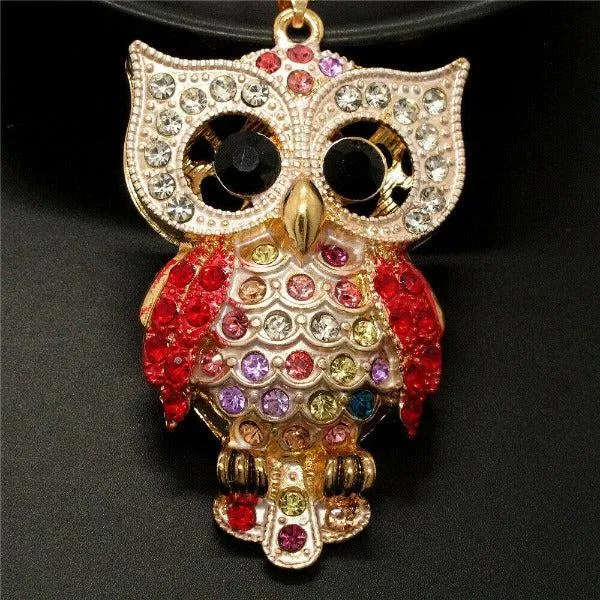 Betsey Johnson Owl Red Rhinestones Crystal Eyes Gold Necklace