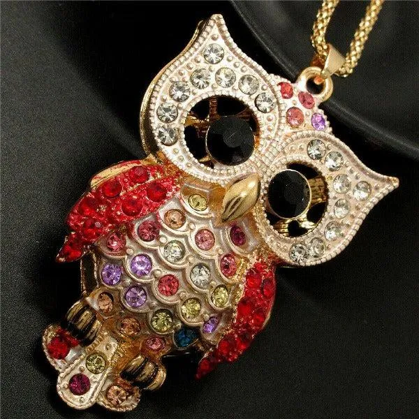 Betsey Johnson Owl Red Rhinestones Crystal Eyes Gold Necklace