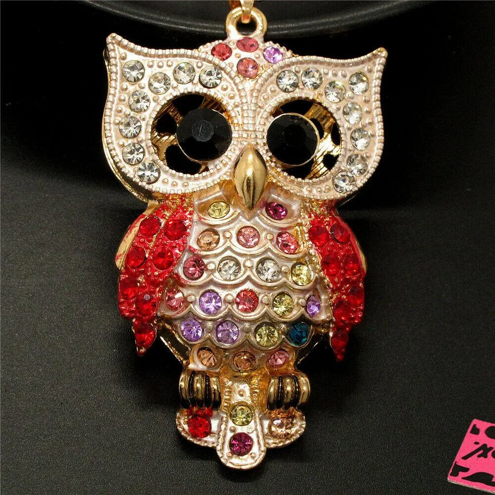 Betsey Johnson Owl Red Rhinestones Crystal Eyes Gold Necklace