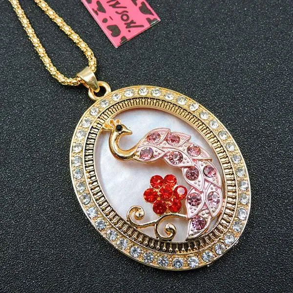 Betsey Johnson Peacock in Frame Pink Rhinestone Gold Pendant Necklace