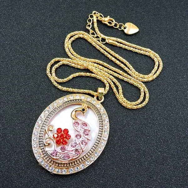 Betsey Johnson Peacock in Frame Pink Rhinestone Gold Pendant Necklace