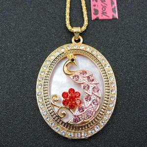 Betsey Johnson Peacock in Frame Pink Rhinestone Gold Pendant Necklace