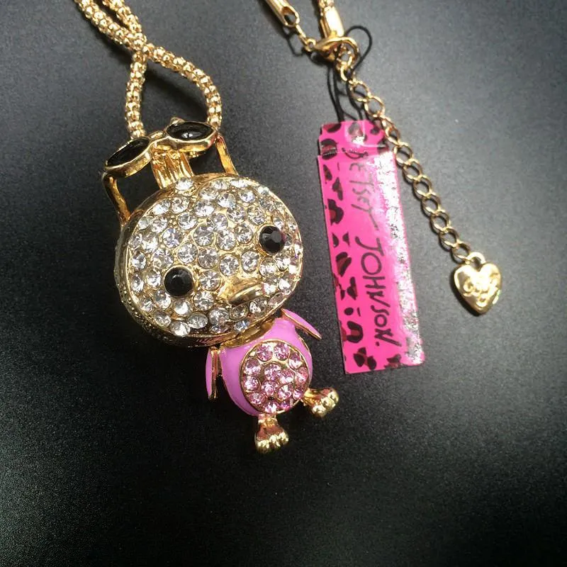 Betsey Johnson Penguin Pink Rhinestone Sunglasses Gold Necklace