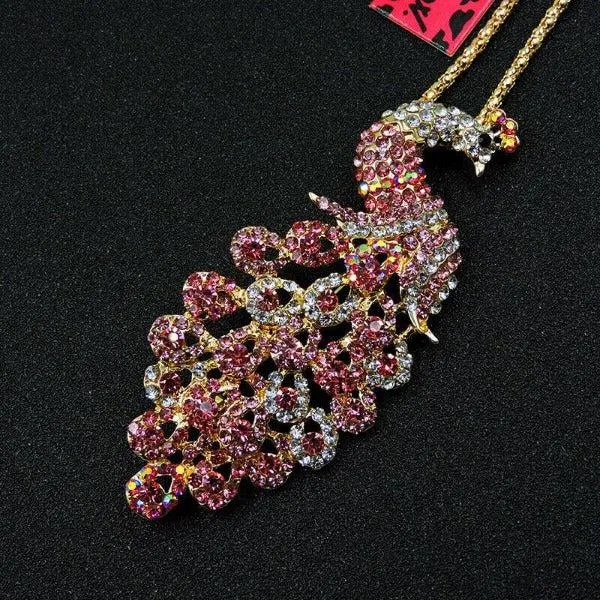 Betsey Johnson Small Peacock Pink Rhinestone Gold Pendant Necklace