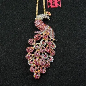 Betsey Johnson Small Peacock Pink Rhinestone Gold Pendant Necklace