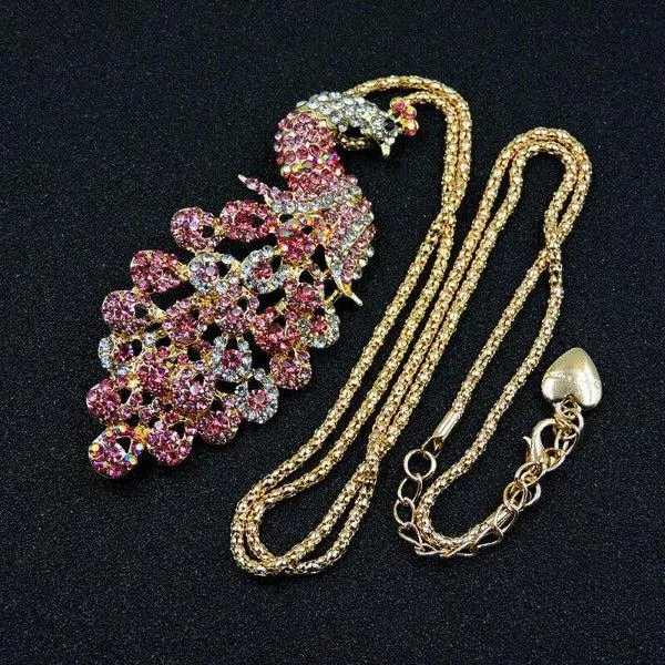 Betsey Johnson Small Peacock Pink Rhinestone Gold Pendant Necklace