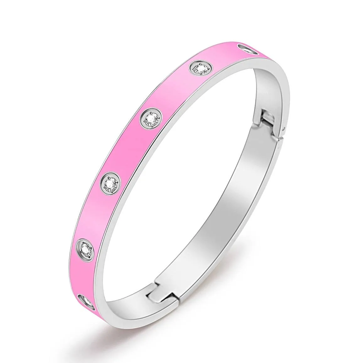 BG808EPW B.Tiff 8-Stone Bold Pink Enameled Stainless Steel Bangle Bracelet by B.Tiff New York (Retail)