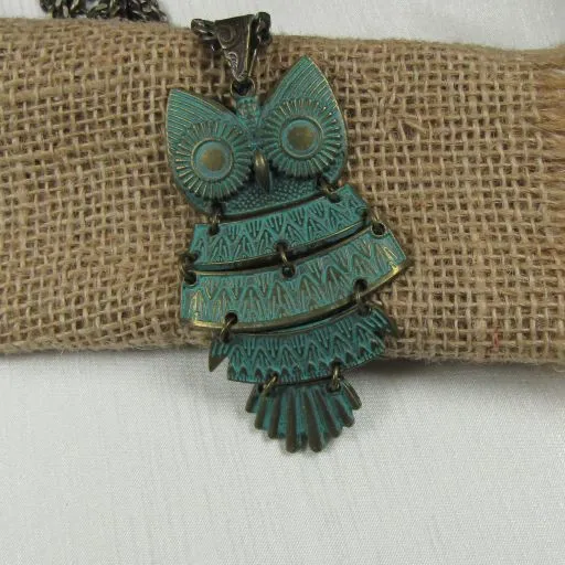 Big Patina Hoot Owl Pendant on  Antique Gold Chain Necklace