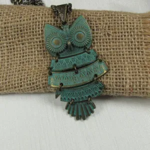 Big Patina Hoot Owl Pendant on  Antique Gold Chain Necklace