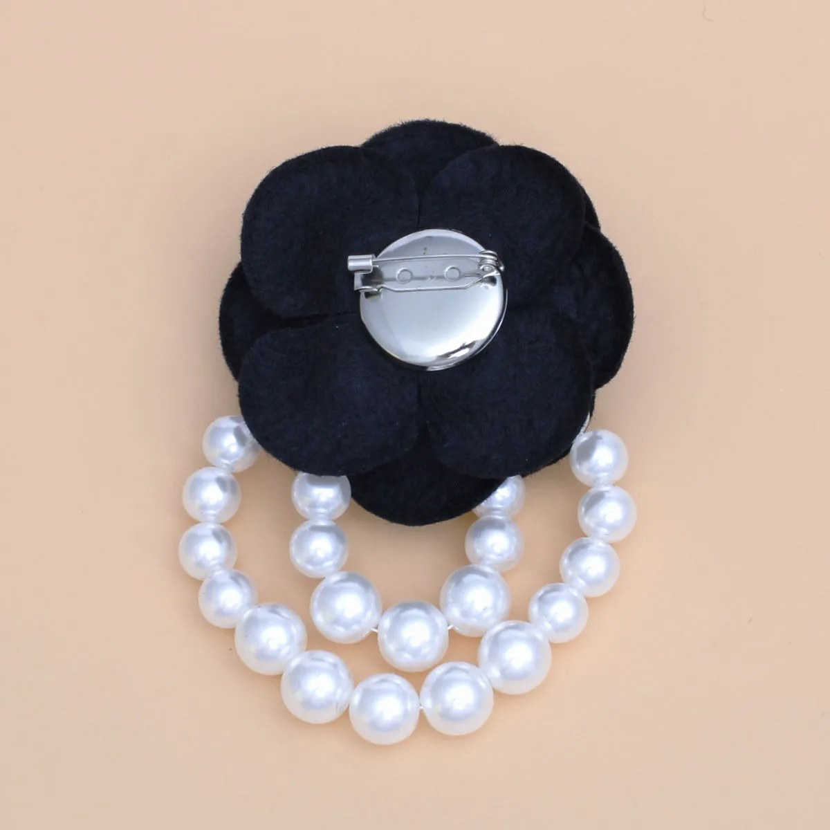 Brooch Black Flower Draped White Pearls Pin