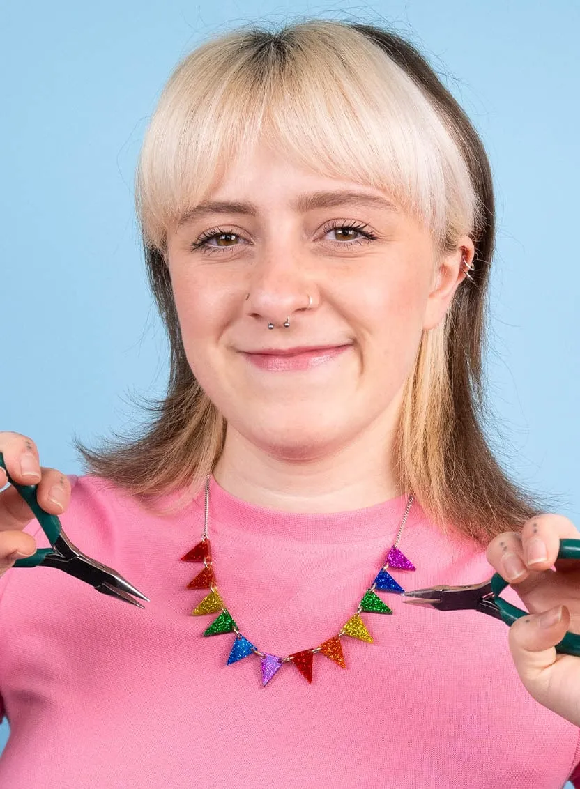 Bunting Necklace Kit - Glitter Rainbow - Silver Chain