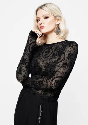 Cameo Floral Flocked Mesh Long Sleeve Top