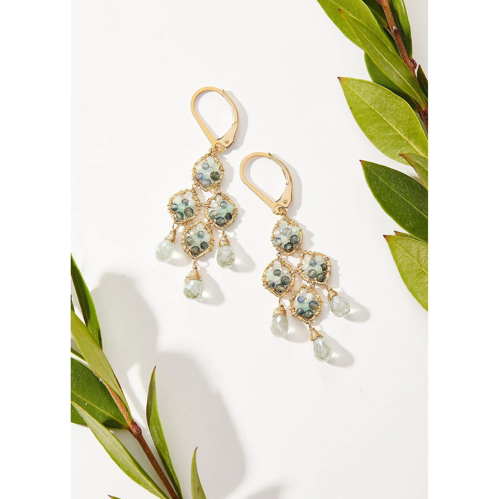 Chandelier Earrings 5111G with Australian Sapphire Green Opal and Aquamarine Drops by Michelle Pressler Jewelry