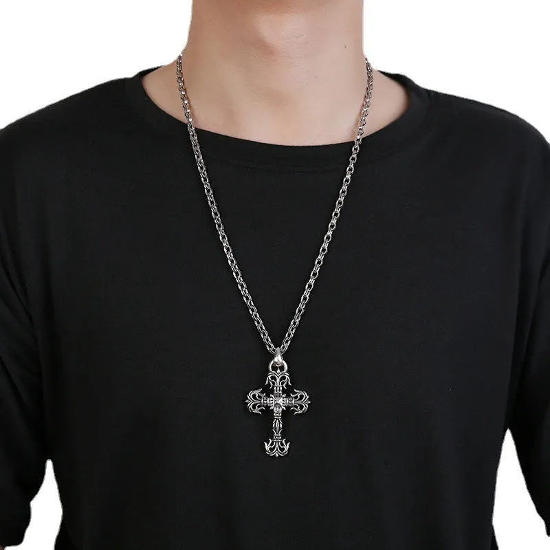 Chrome hearts punk flame pendant Roman cross necklace