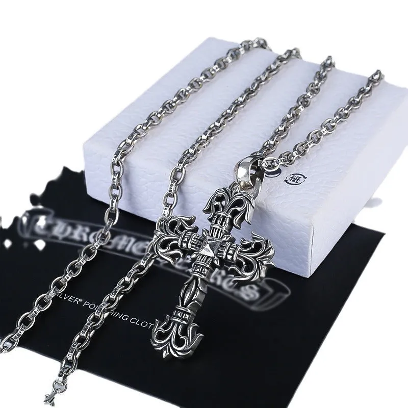 Chrome hearts punk flame pendant Roman cross necklace