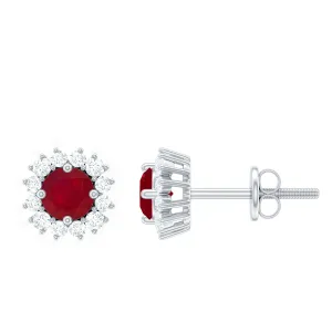 Classic Ruby Stud Earrings with Diamond Accent