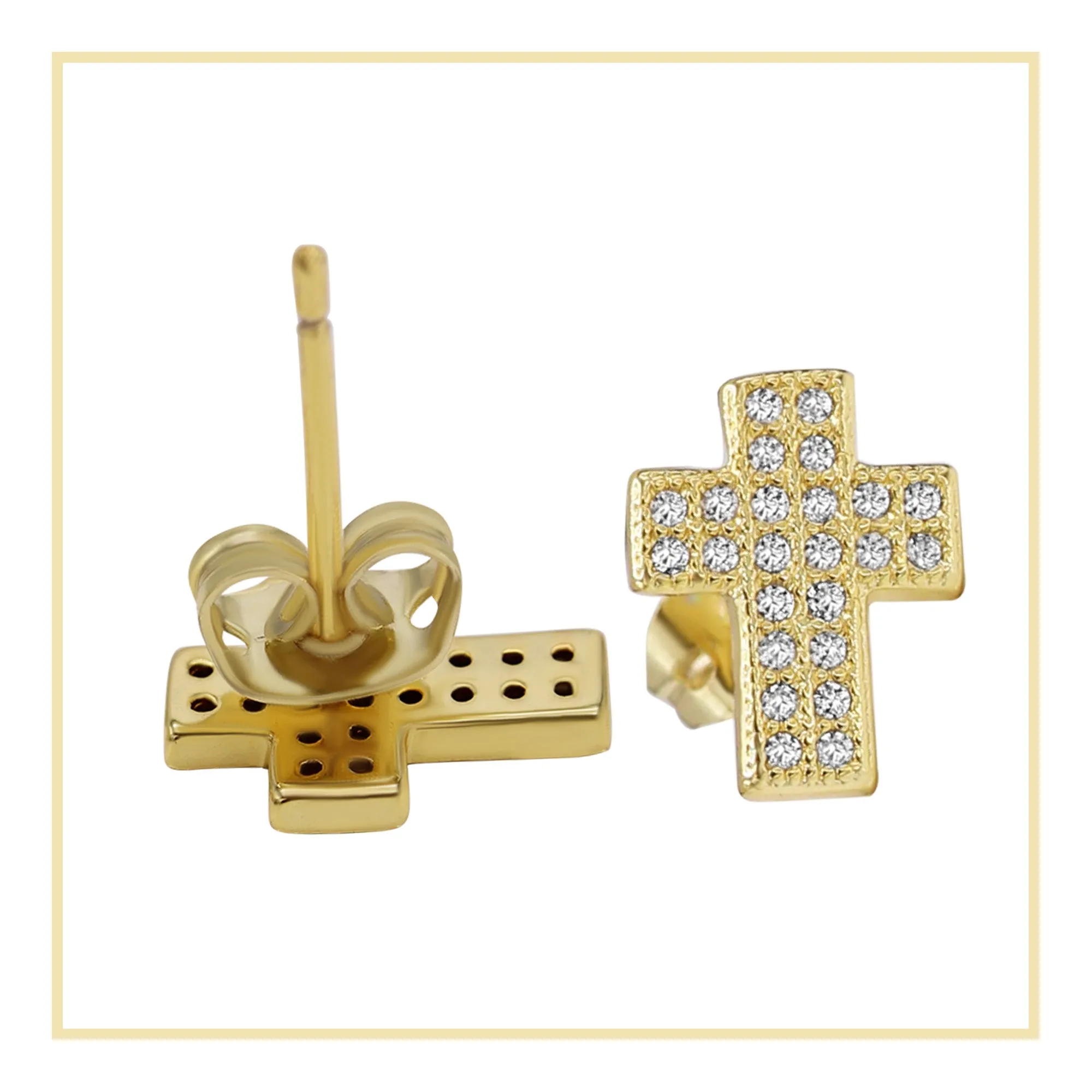 Cross Stud 14K Gold Plated Cubic Zirconia Earrings Ear Piercing Fashion Jewelry Men Women