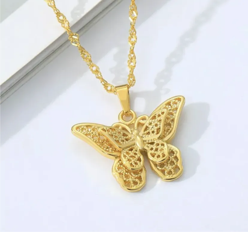 Dainty 24K Gold Filled Butterfly Pendant Necklace 18”