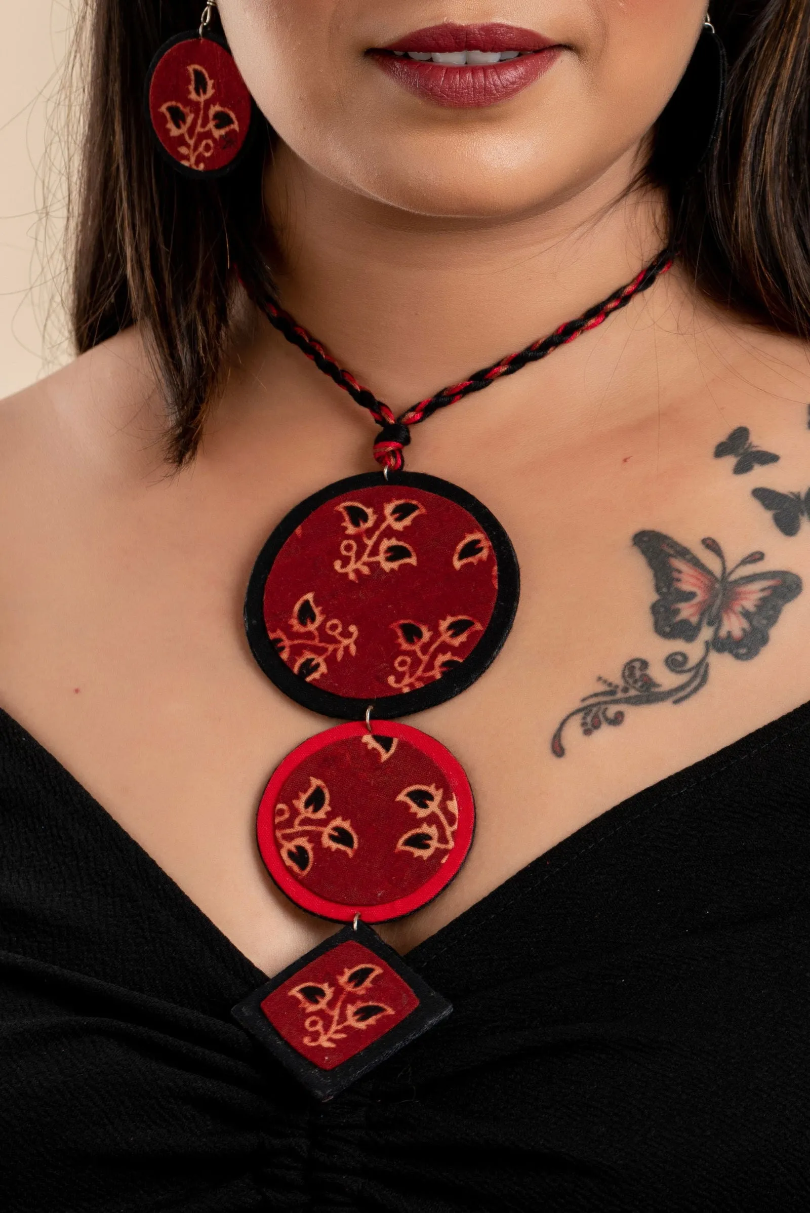 Eco-Friendly Handmade Fabric Jewelry Sets - Handcrafted Red Black Ajrakh Cotton Neckpiece with Earrings