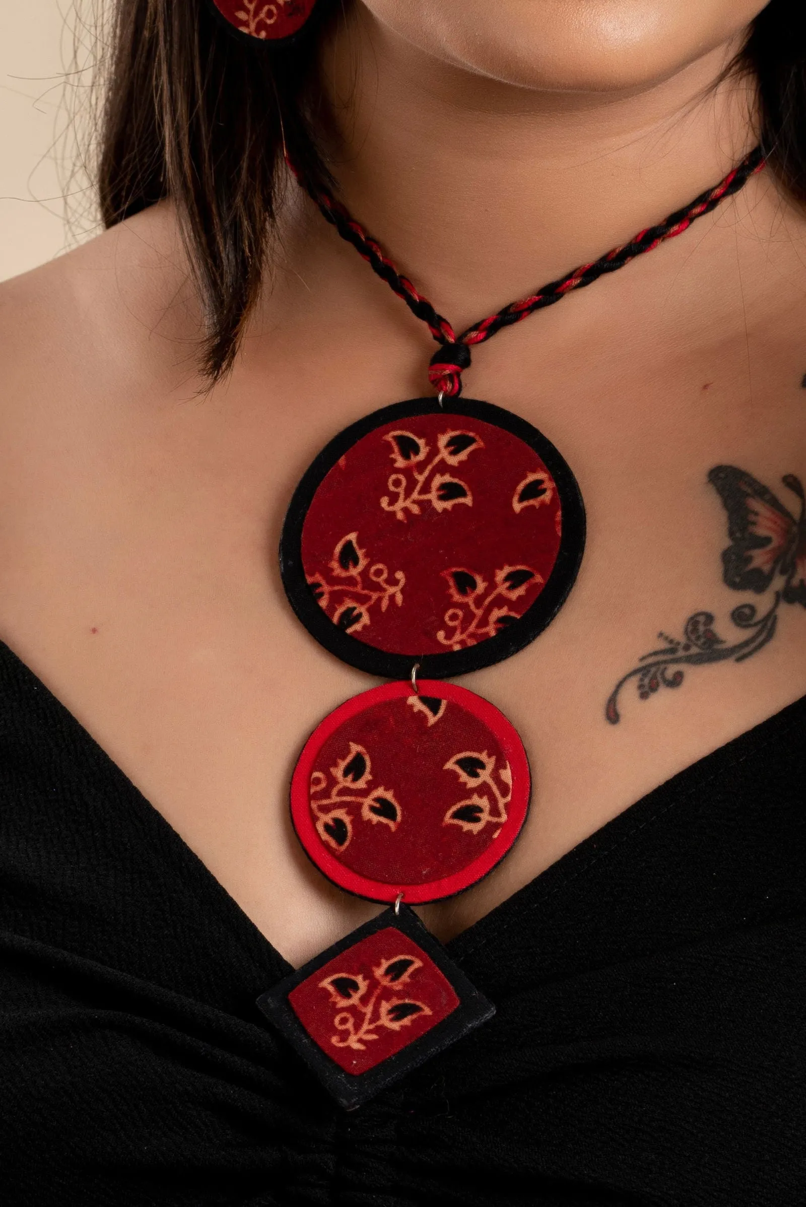 Eco-Friendly Handmade Fabric Jewelry Sets - Handcrafted Red Black Ajrakh Cotton Neckpiece with Earrings