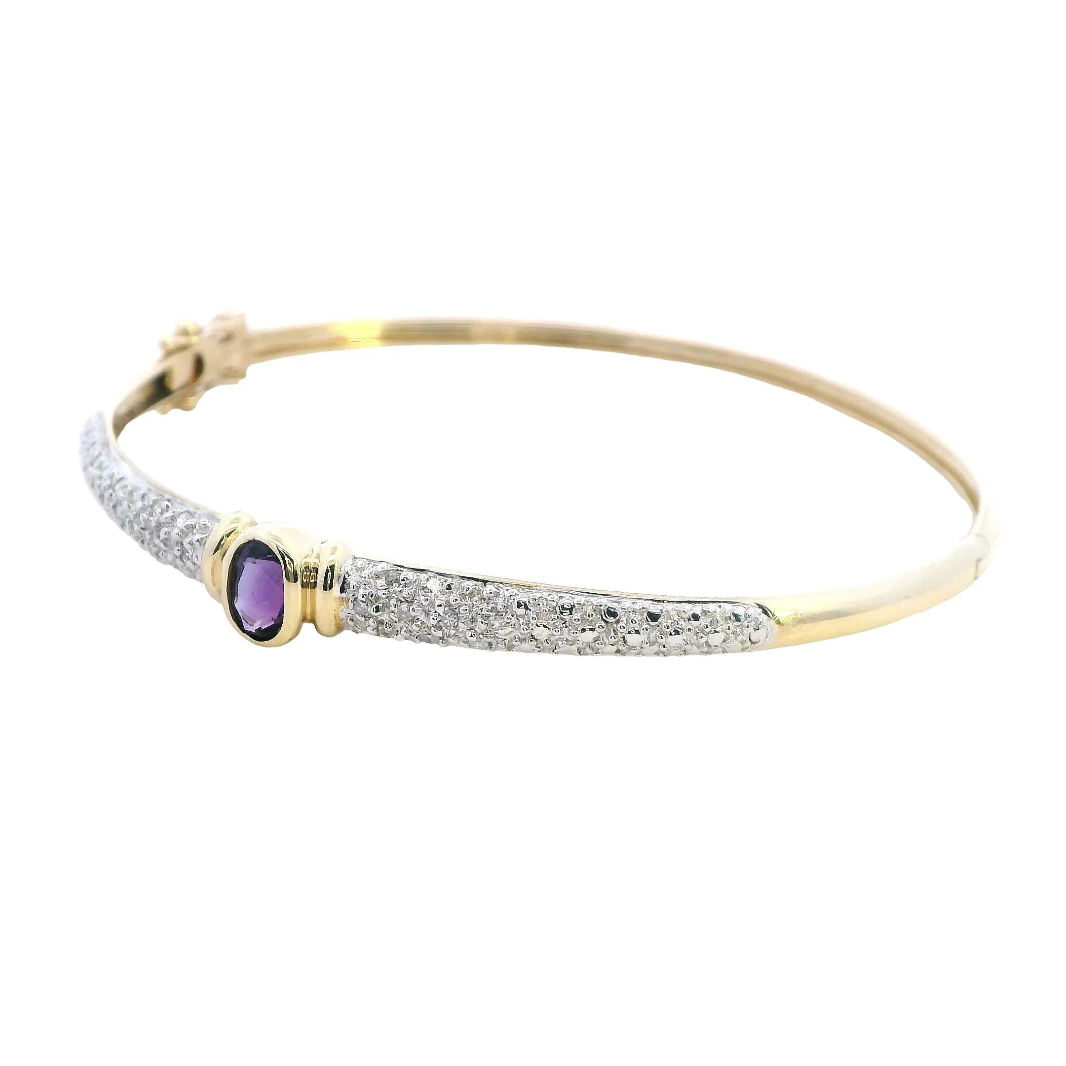 Elegant 9ct Yellow Gold Amethyst & Diamond Bangle - Sophisticated Sparkle