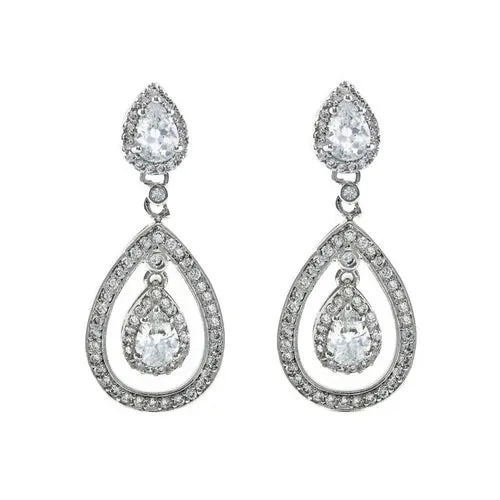 Elegant Classic Layered Pear Shape Design CZ Dangle Statement Brass Earrings