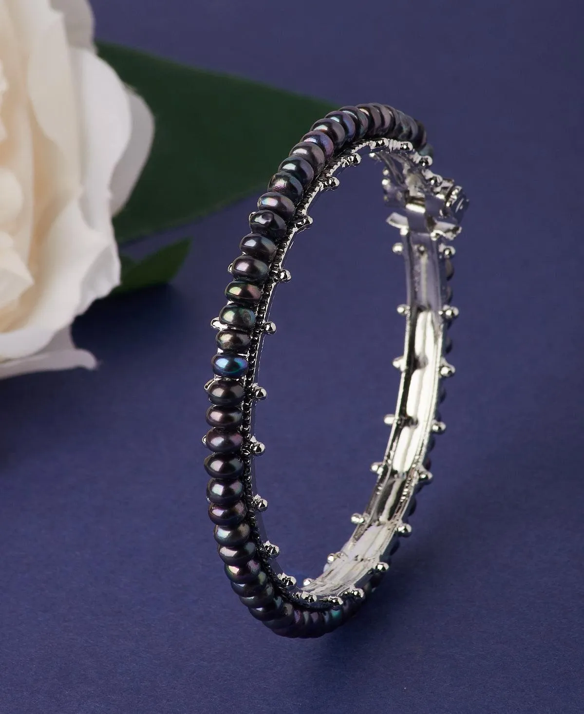 Elegant Rhodium Black Pearl Bangle