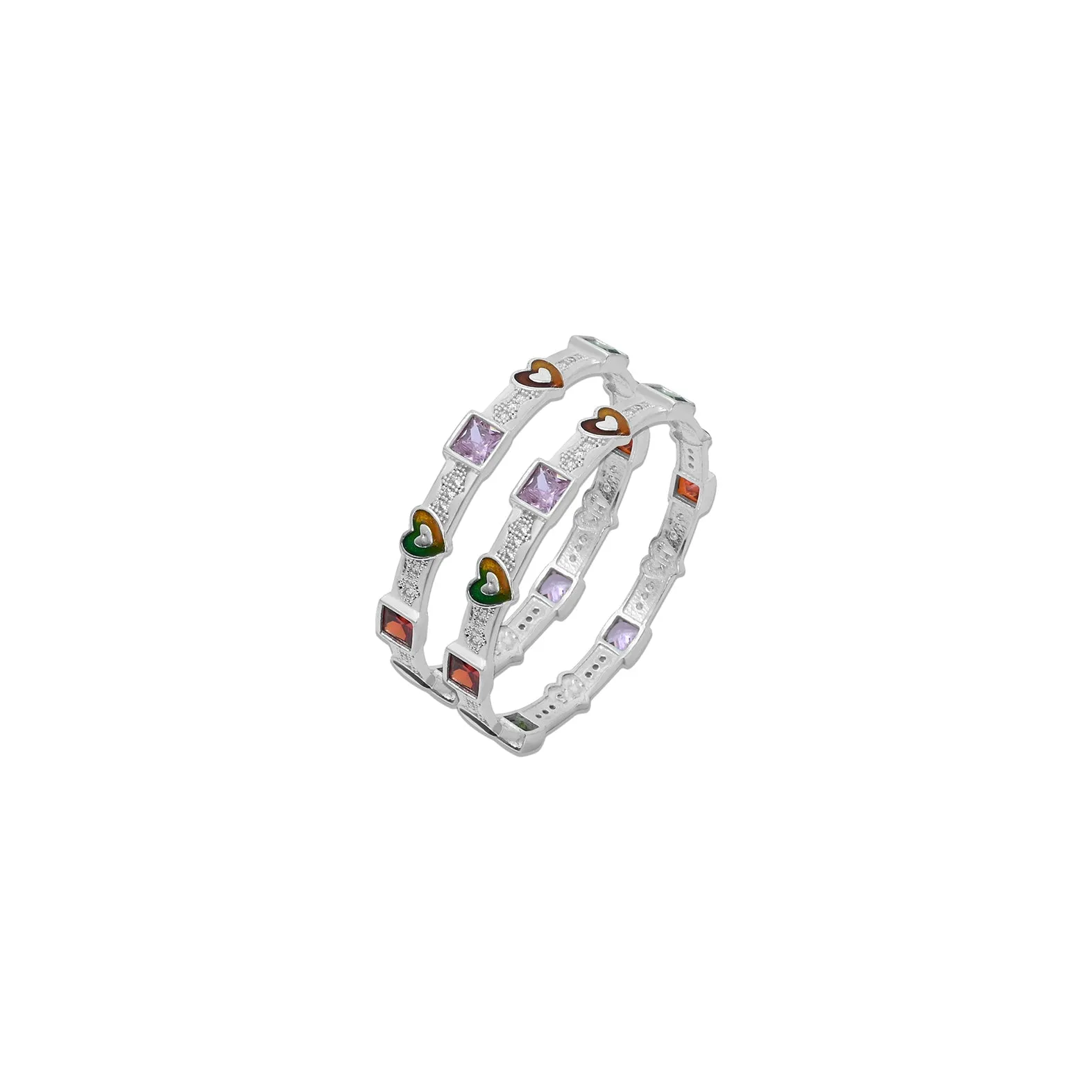 Elegant Silver Bangles with Heart Designs and Gemstones