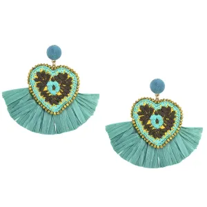 Embroidered Heart with Fan Mexican Earrings - Teal