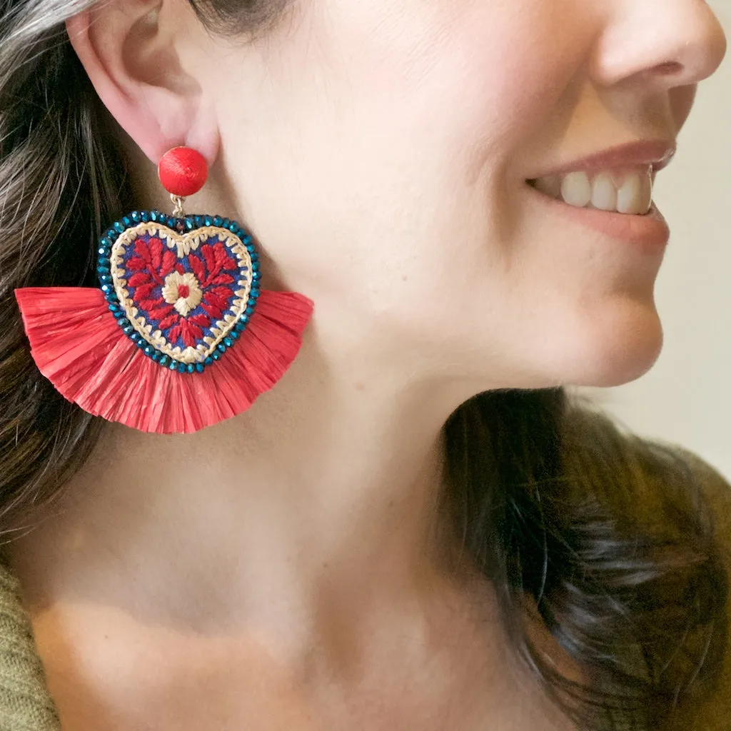 Embroidered Heart with Fan Mexican Earrings - Teal